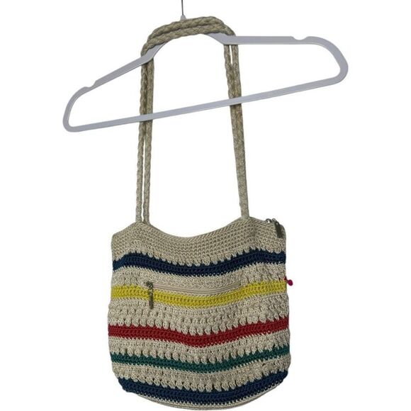 The Sak Crocheted Shoulder Bag Medium Handbag Stripes with pink pom pom row $79 - Picture 2 of 7